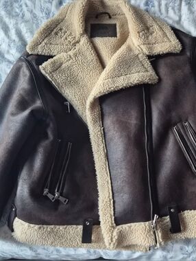 Zara Brown Aviator Bomber Jacket with Cream Shearling Trim
